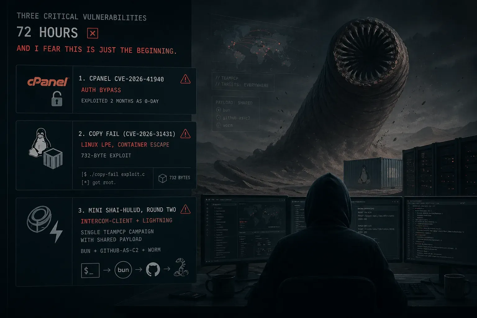 Three critical security incidents within 72 hours: cPanel CVE-2026-41940 authentication bypass, Linux Copy Fail kernel zero-day, and the Mini Shai-Hulud npm and PyPI supply chain campaign.